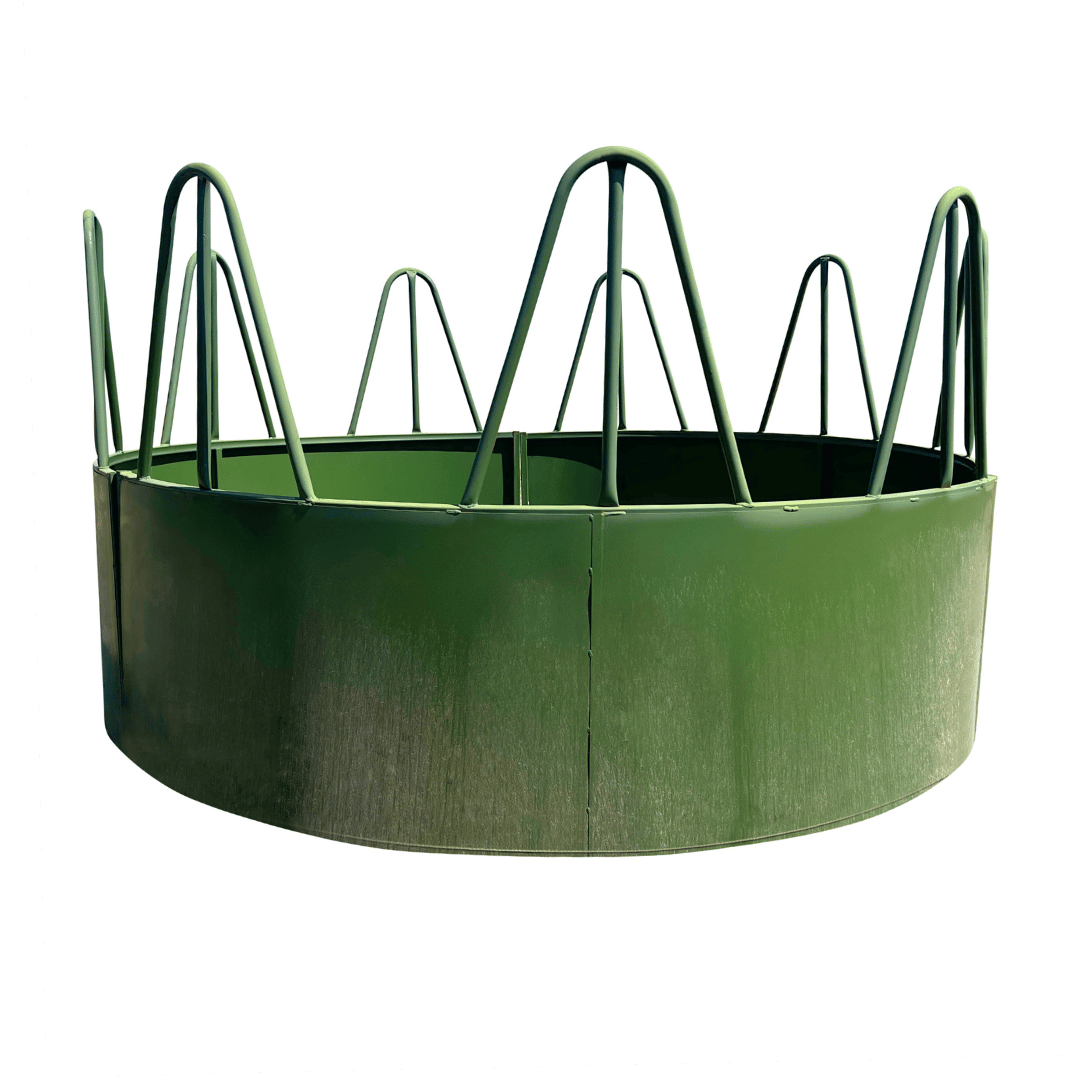 green metal livestock feeder round bale
