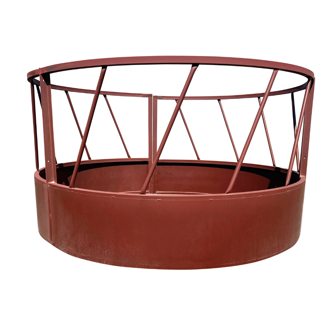 Red metal livestock hay feeder circular design.