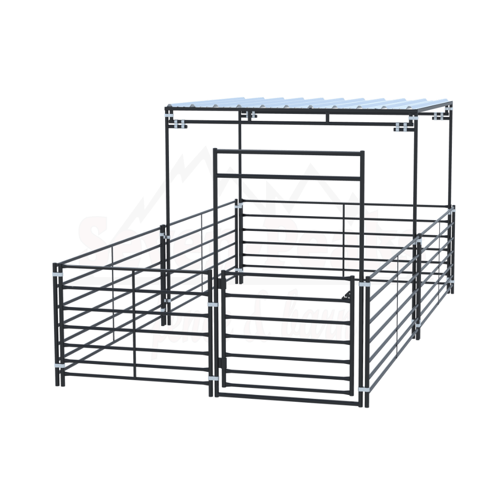 Seven Peaks fence and barn metal corral structure with logo.