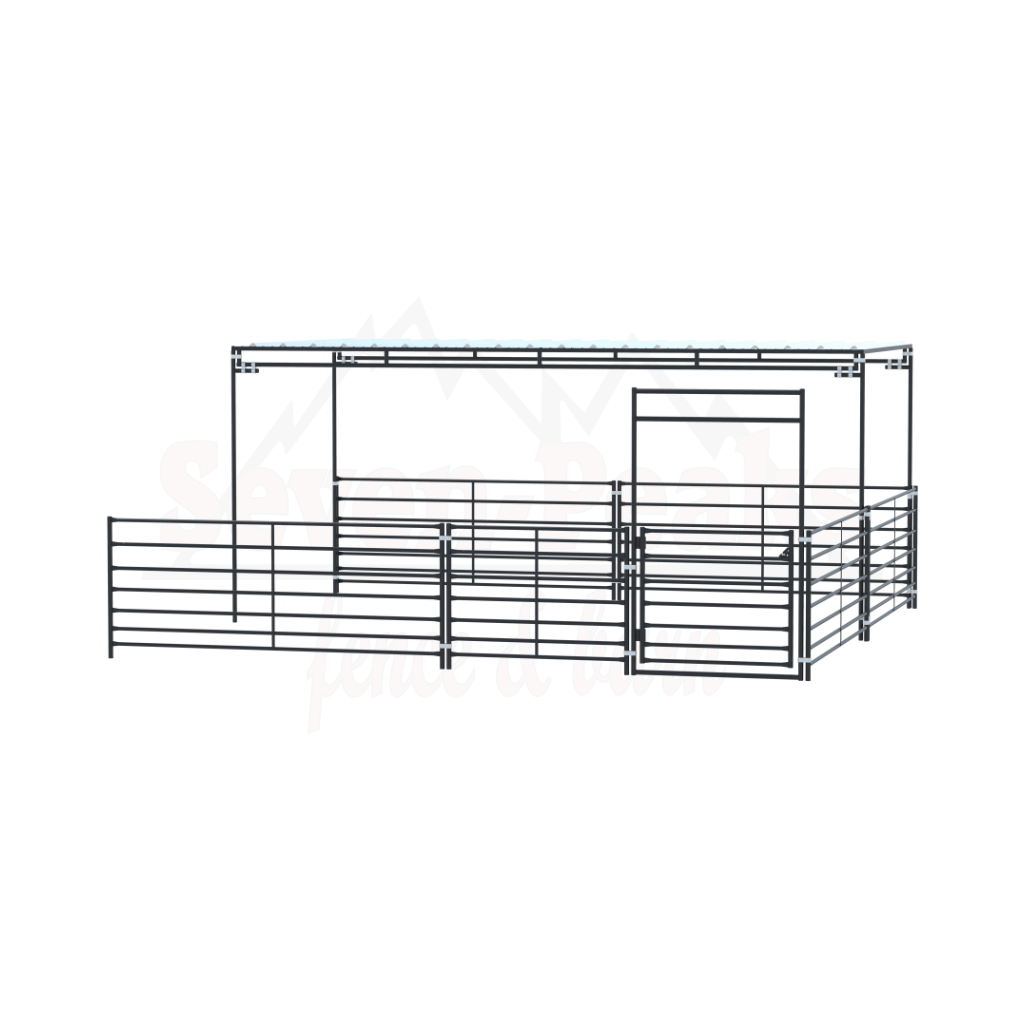 metal livestock corral with gate and shelter structure