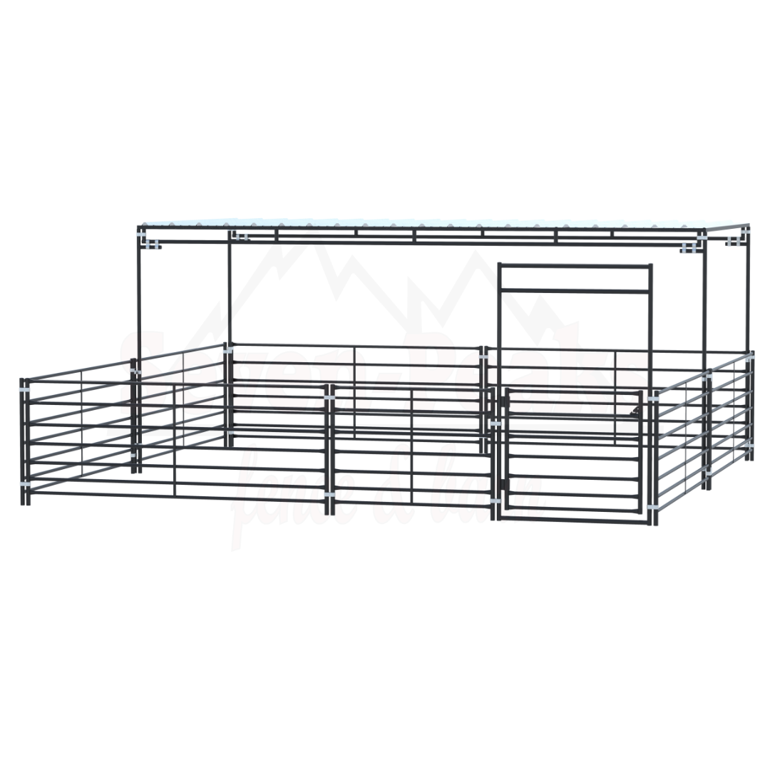 metal livestock pen with gate and roof