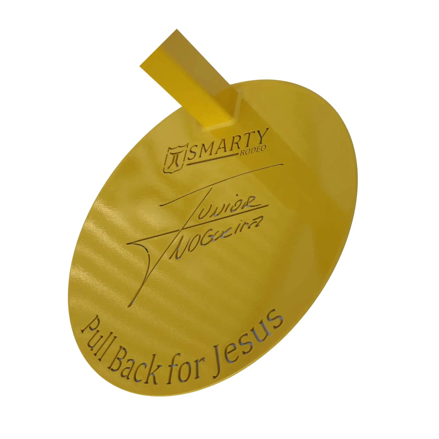 Round yellow item with Smarty Rodeo logo and "Pull Back for Jesus" text.