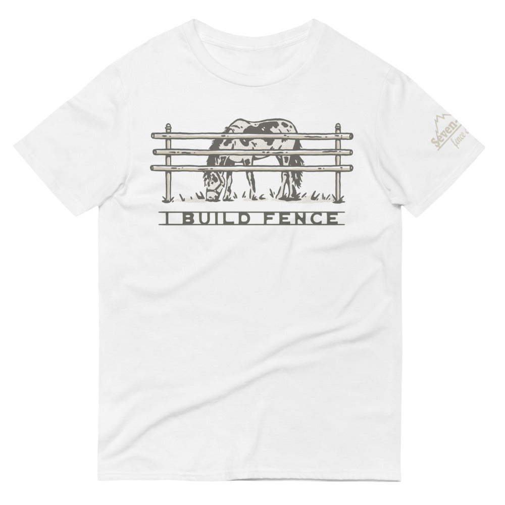 T-shirt with horse and text "I build fence" design.