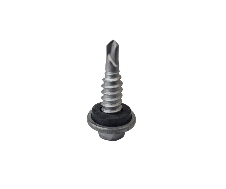 Self-tapping metal screw with washer on white background