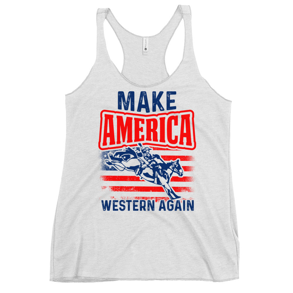 Tank Top in different colors that has a horse bucking with the text Make America Western Again In Red and Blue.