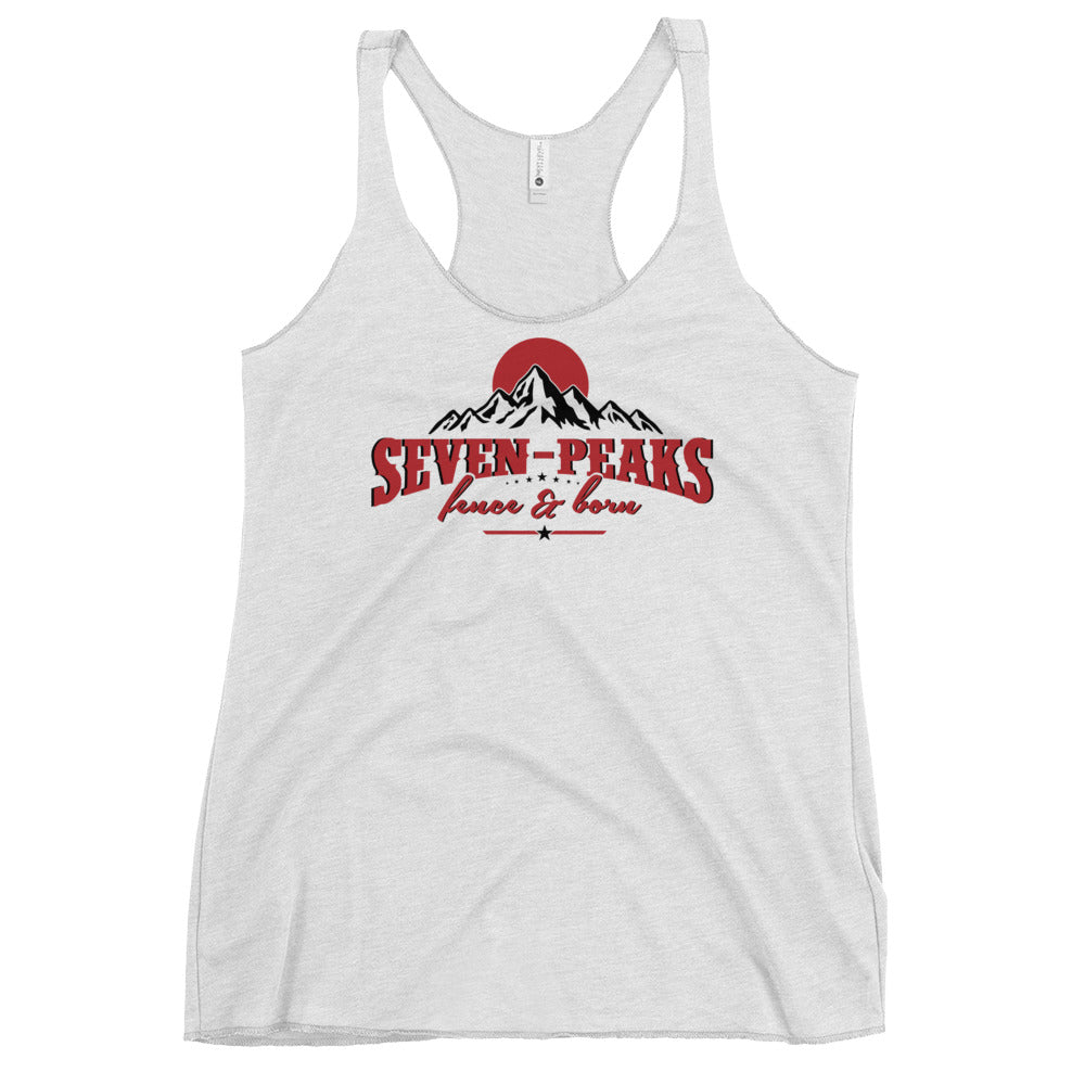 Seven Peaks Fence And Barn's Tank Top with an outline of a mountain with 7 peaks and a sunrise behind the mountain with the text in the front that says Seven-Peaks Fence & Barn.