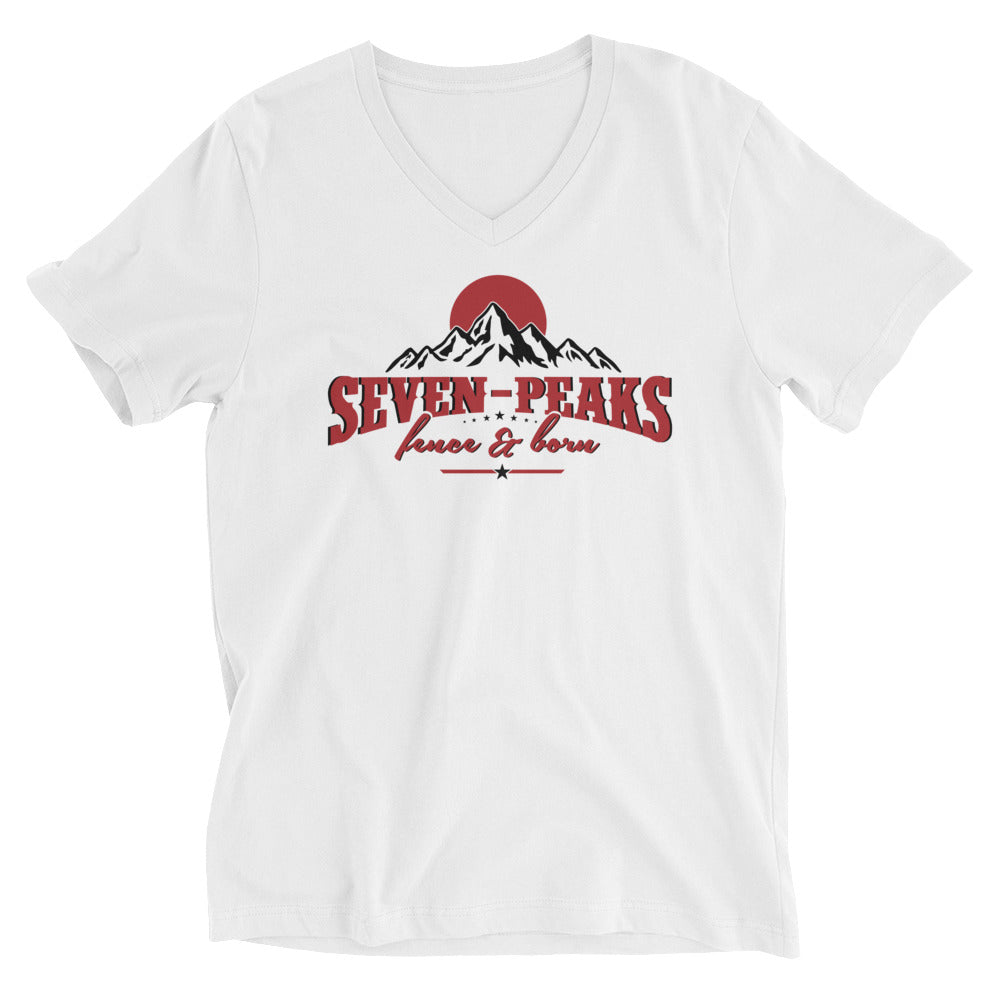 white t-shirt with seven-peaks logo and mountain graphic