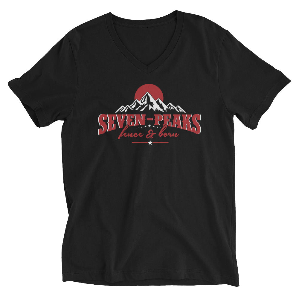 black t-shirt seven peaks logo red mountains design