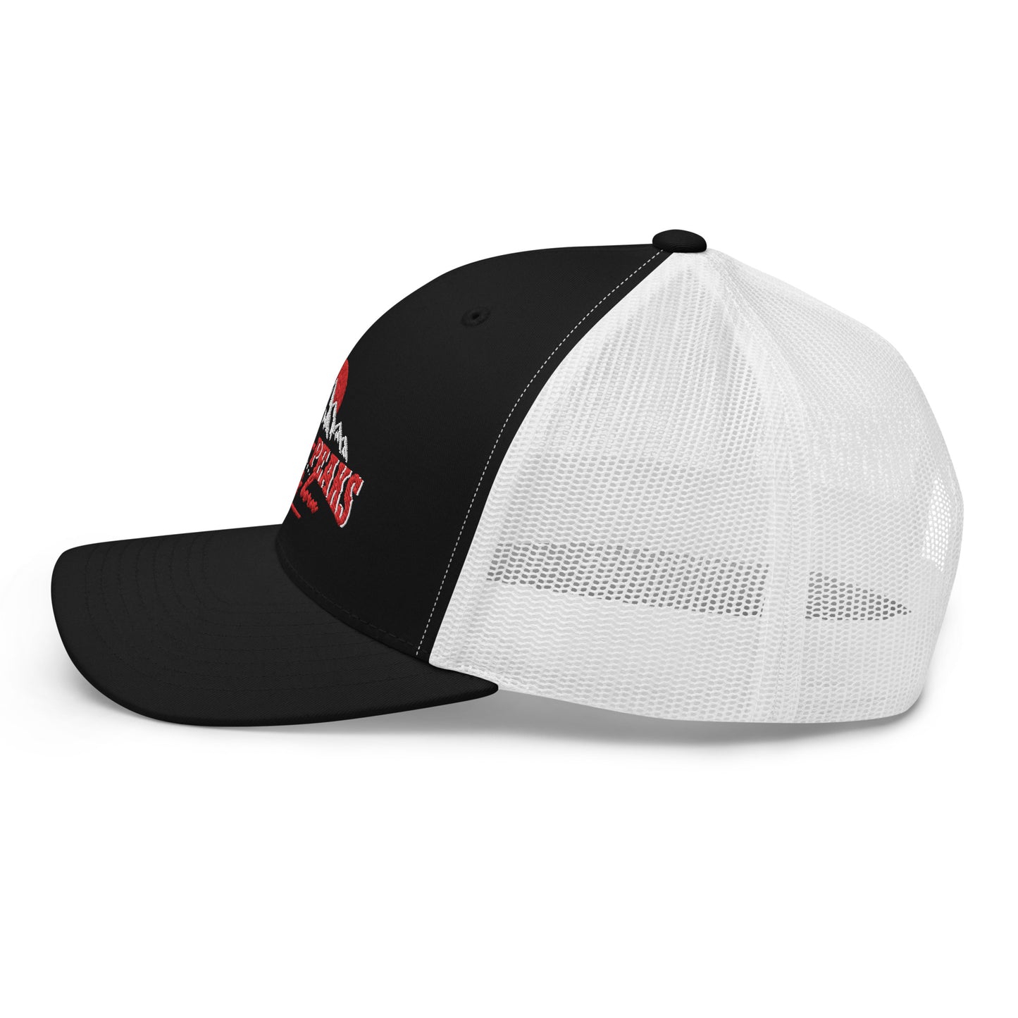black and white trucker hat with red logo
