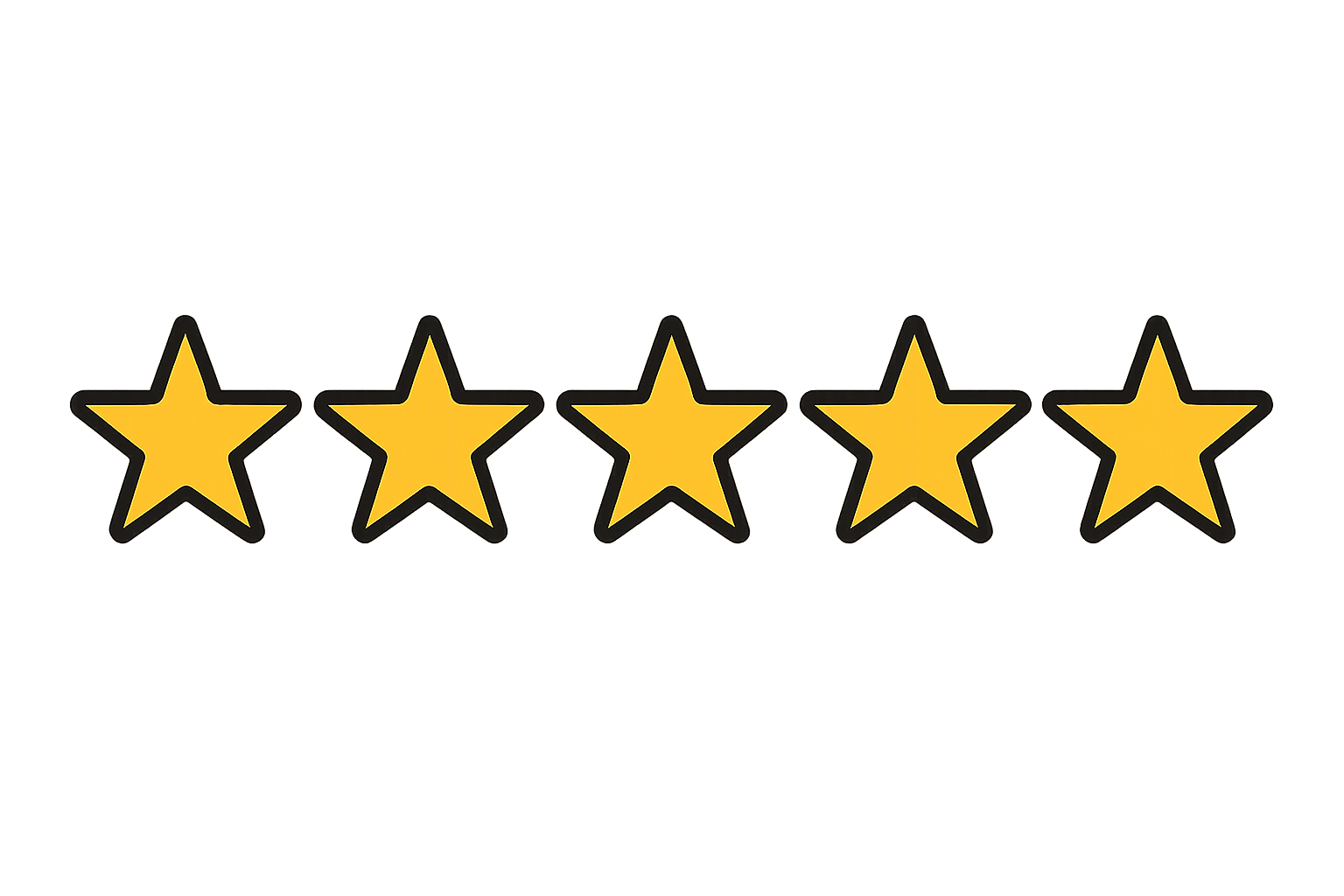 5 star rating icon with black outline, gold fill, and generous spacing