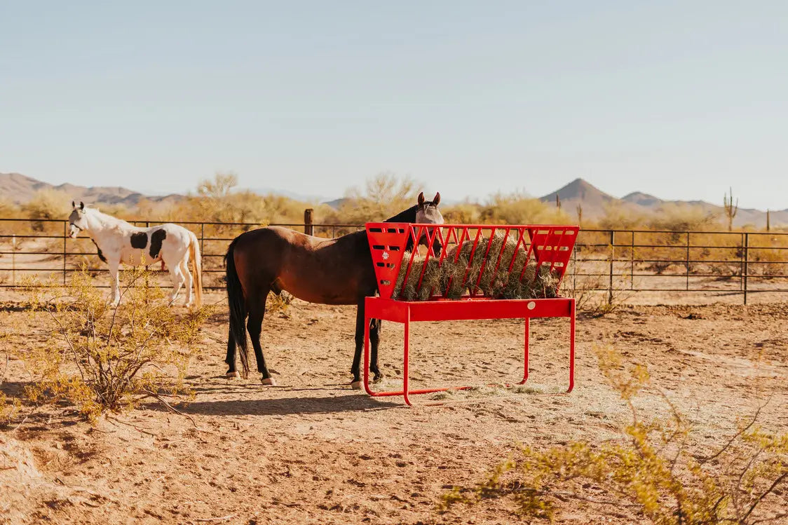 A brown horse eating hay from a red feeder 