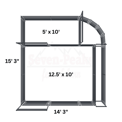 metal pipe structure with dimensions 5x10 feet 12.5x10 feet 14x3 feet 15x3 feet