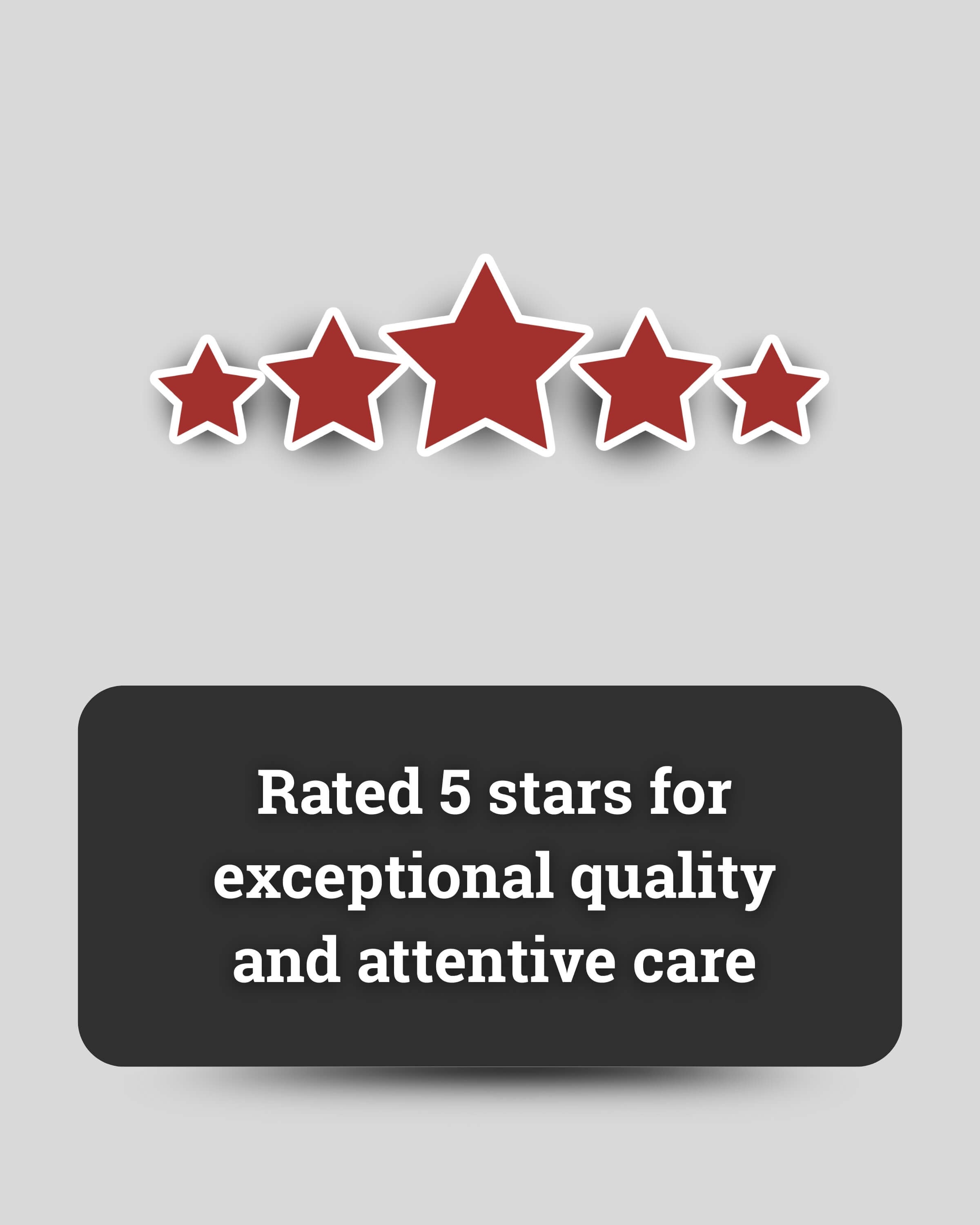 Five red stars with a black bar below on a gray background, indicating a 5-star rating for exceptional quality and attentive care.
