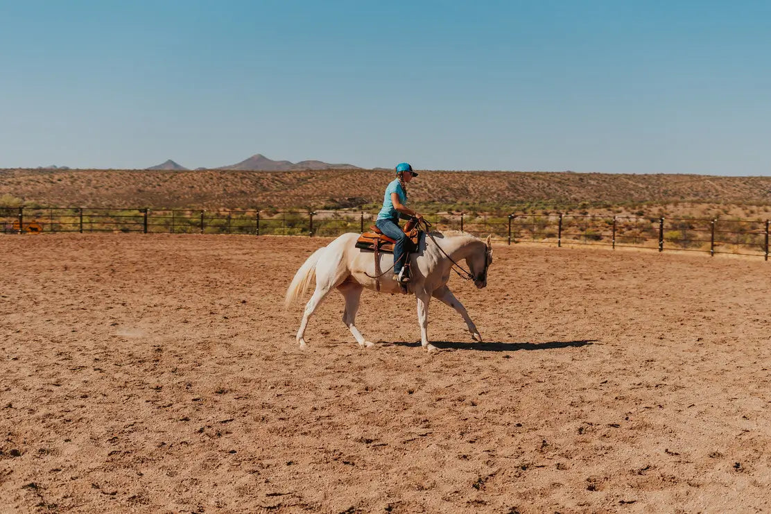 A women in a blue shirt and hat riding a white horse in a large arena