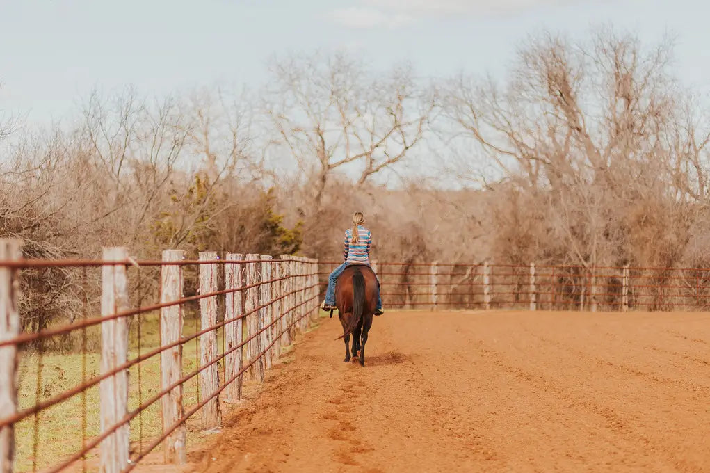 Rear view of a woman in a striped shirt riding a brown horse next to a fence