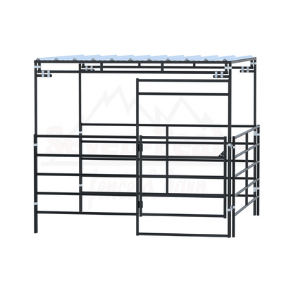 metal livestock shelter with roof and gate