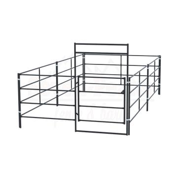 Adjustable metal livestock corral with logo.