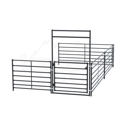 Seven Peaks fence and barn logo with metal corral panels
