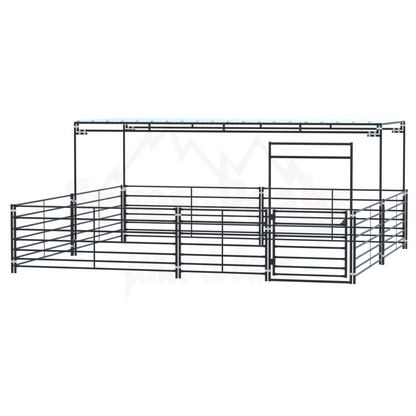 metal livestock pen with gate and roof