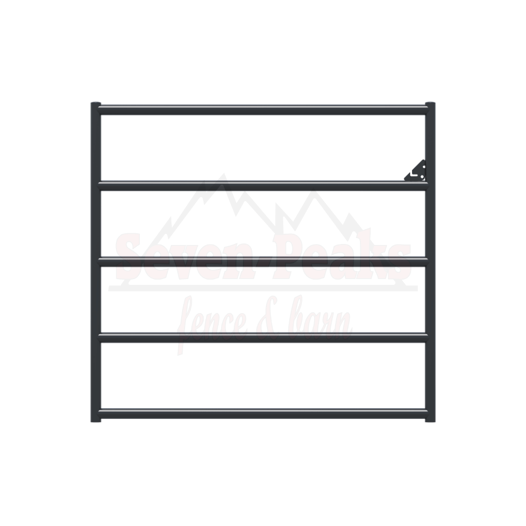 Seven Peaks fence and barn logo with metal gate