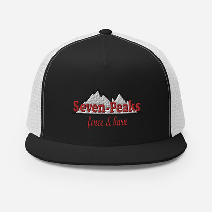 black and white trucker hat with seven peaks fence and barn logo