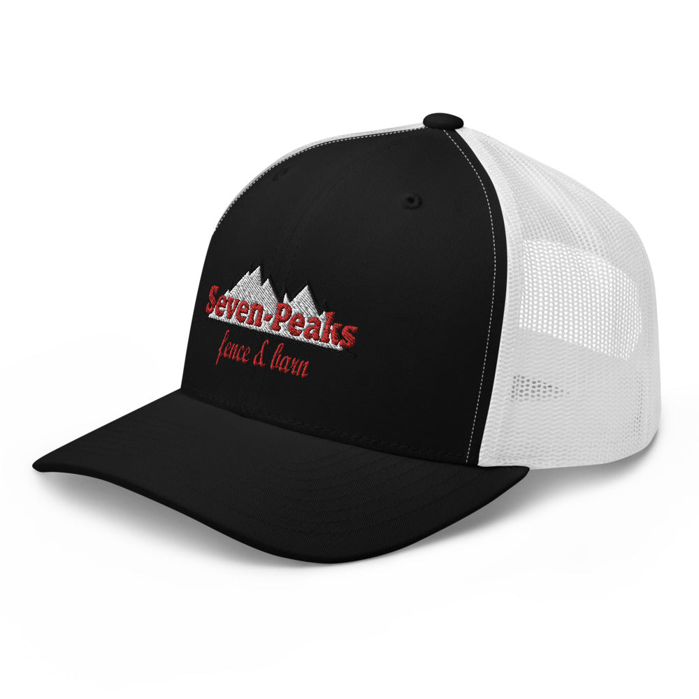 black trucker hat with Seven Peaks fence and lawn logo