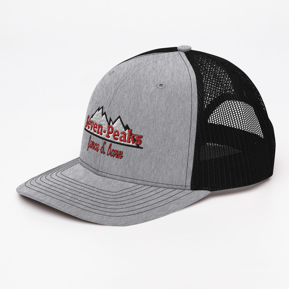 gray mesh trucker cap with seven peaks logo