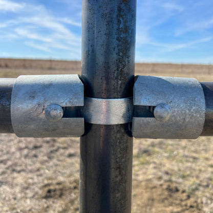 metal fence pipe connector close-up outdoors