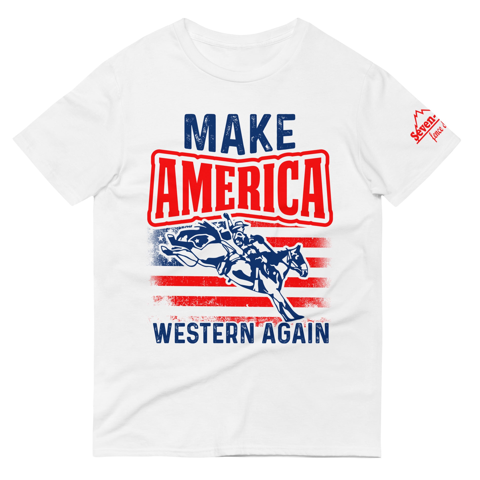 T Shirt with a horse bucking and an american flag in the background with the text that says Make America Western Again