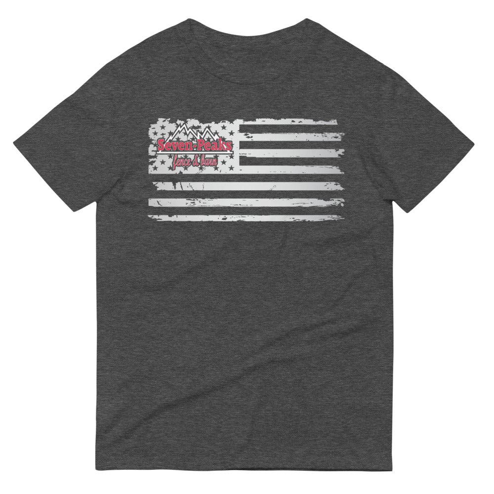 Gray t-shirt with American flag and Seven Peaks logo design.