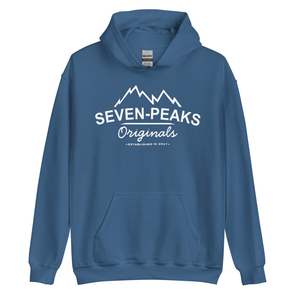 blue hoodie with seven-peaks originals logo