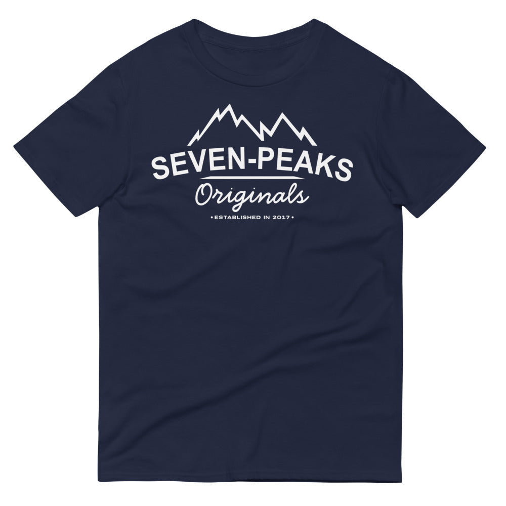 Navy blue t-shirt with Seven Peaks Originals logo.