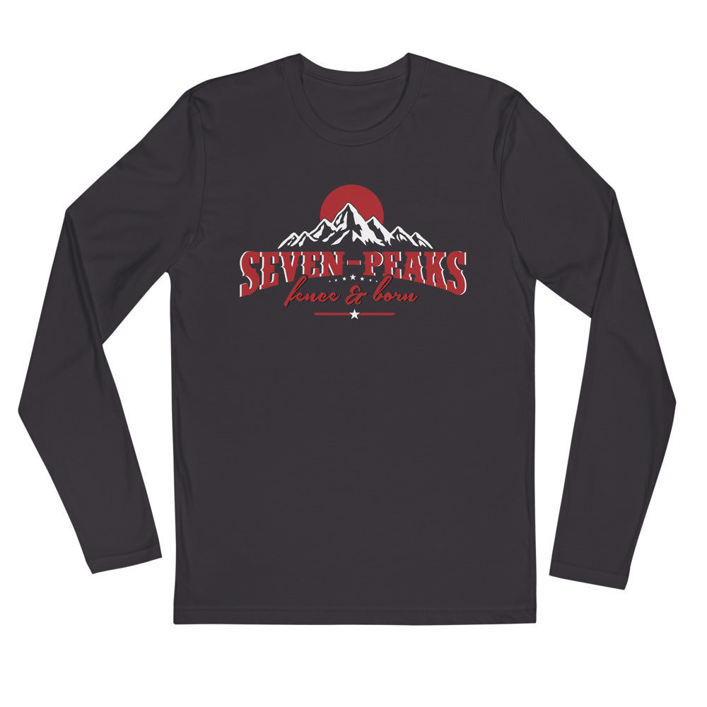Black long-sleeve shirt with Seven Peaks mountain graphic design