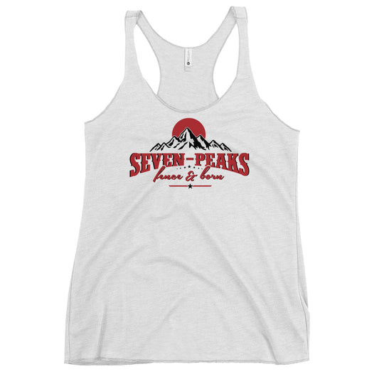 Seven Peaks Fence And Barn's Tank Top with an outline of a mountain with 7 peaks and a sunrise behind the mountain with the text in the front that says Seven-Peaks Fence & Barn.