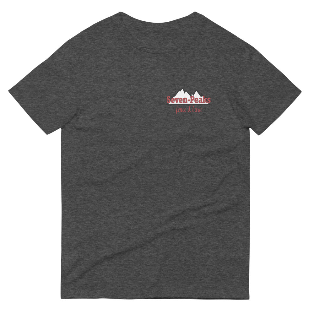 Gray t-shirt with mountain logo and Seven Peaks Fence & Barn text