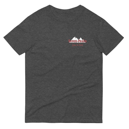 Gray t-shirt with mountain logo and Seven Peaks Fence & Barn text
