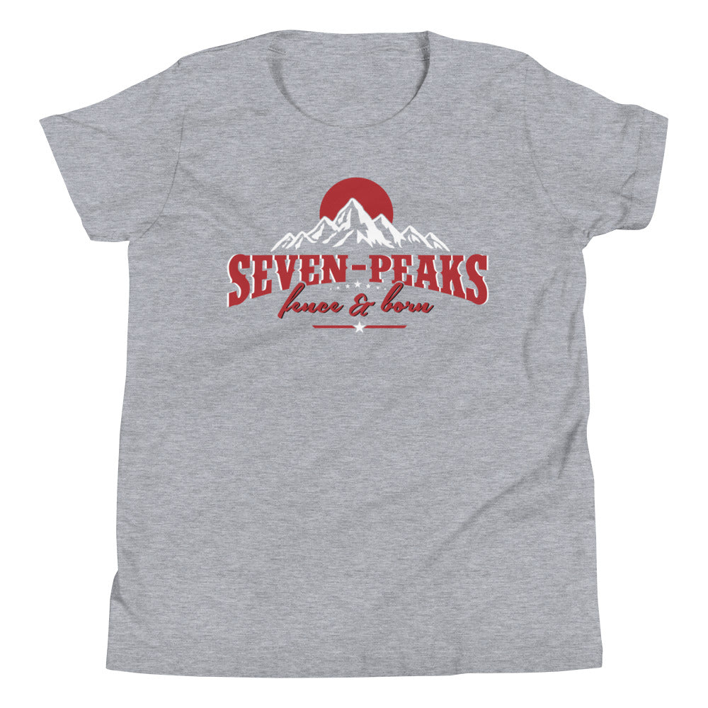 "gray t-shirt seven peaks print red sun mountains"