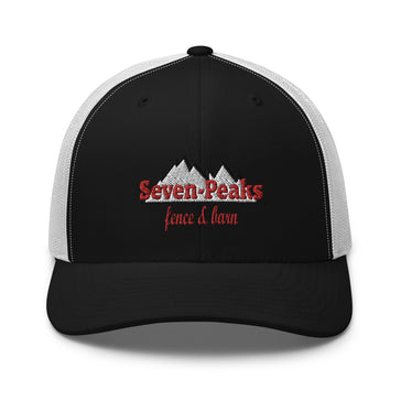 black trucker hat Seven Peaks fence lawn logo