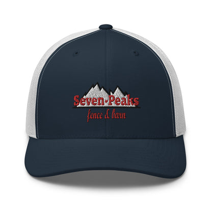 Navy white mesh cap with Seven Peaks fence and lawn logo
