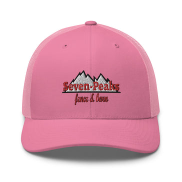 pink trucker cap with seven peaks fence and lawn logo