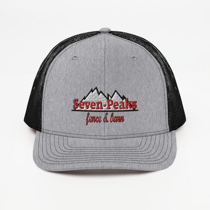 gray trucker hat with seven peaks fence and barn logo