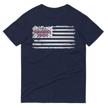 navy t-shirt with distressed American flag design and Seven Peaks logo