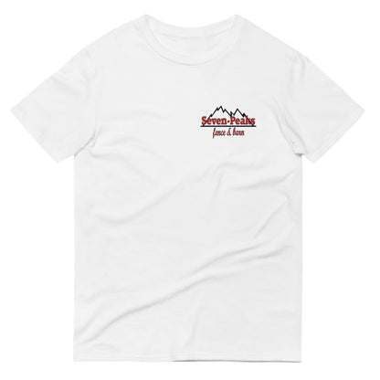 White t-shirt with Seven Peaks fence and barn logo.