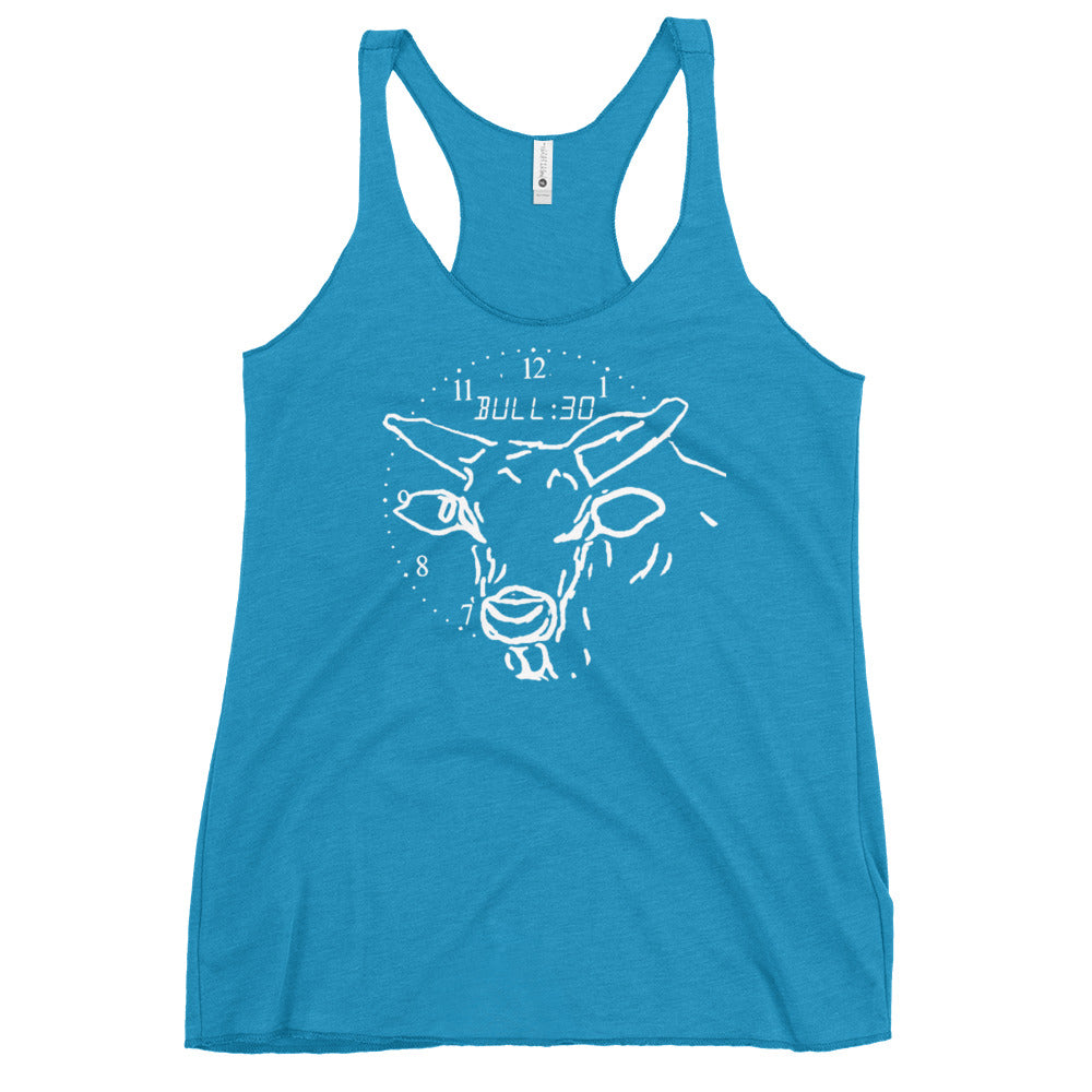 blue tank top with bull face clock design